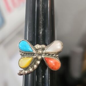 Signed POMS Sterling Silver Multi-Stone Ring Turquoise Coral Zuni Style Vintage